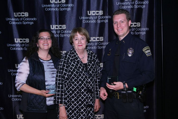 Chancellor's Award winner Christina Jimenez, left, and Garrett Swasey Outstanding Staff Member Award winner Marc Pino pose with Chancellor Pam Shockley-Zalabak.