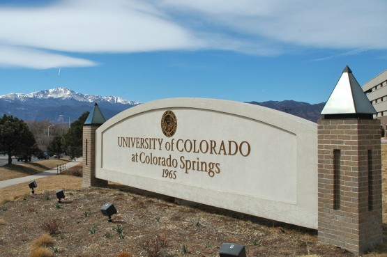 UCCS entrance sign with Pikes Peak in the background