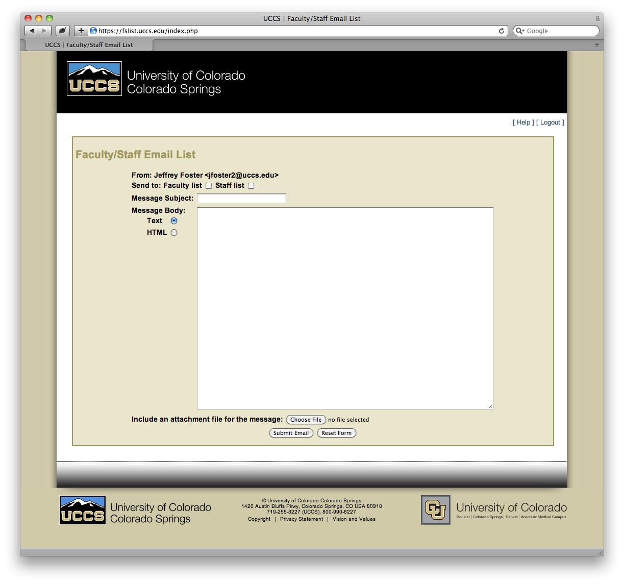 Screenshot of Faculty and Staff Email List submission website