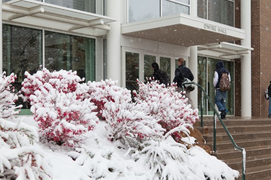 Dwire Hall with snow-covered landscape
