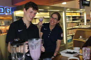 Meyer training staff to make performance-based smoothies at the USOC High Performance Training Center in London.