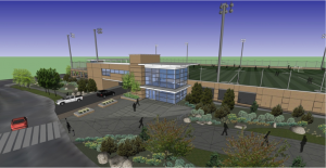 Rendering of future parking garage and recreation field
