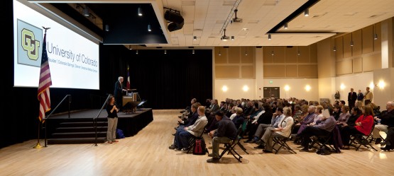 Faculty and staff filled chairs in Berger Hall Monday as part of a town hall-style meeting with President Bruce Benson.