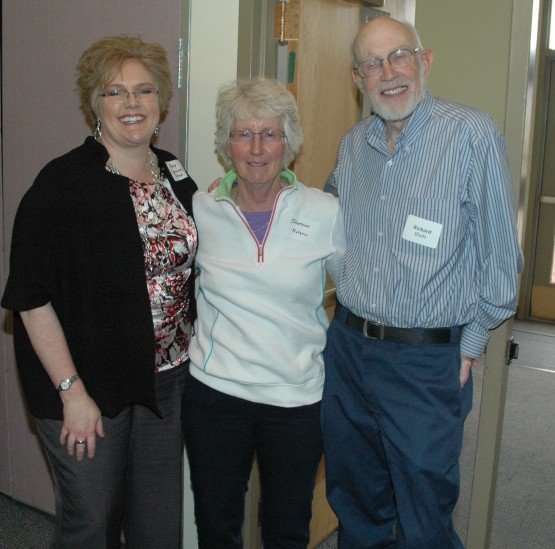 Provost Mary Coussons-Read, left, was greeted by retired faculty members Jenenne Nelson and Richard Blade.
