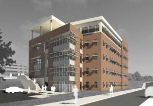 An architect's rendering of a new Academic Office Building from the southwest.