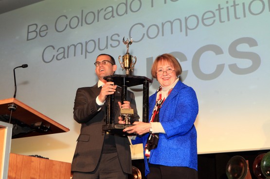 Chancellor Shockley-Zalabak accepts the Be Colorado Health Assessment Campus Competition award on behalf of the campus
