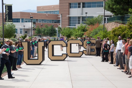 Giant U-C-C-S letters lined the Spine. Students were asked to write their goals on a sticker to place on the letters
