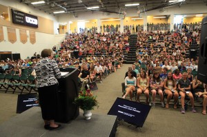 UCCS Chancellor Shockley-Zalabak addresses the Convocation audience