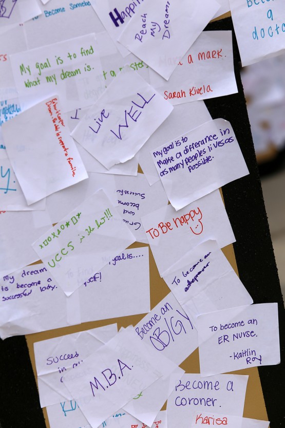 Students used stickers to place their goals on the UCCS letters on their way to Playfair.