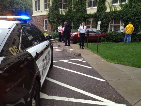 Campus Police are investigating an incident where a campus visitor's car struck the corner of Main Hall.