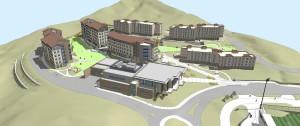 An architect's rendering shows an aerial view of The Village at Alpine Valley.