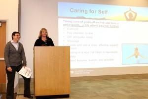 Benek Altayli, left, and Stephanie Hanenberg present at a March 21 campus forum.