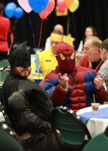 Batman and Spiderman enjoy lunch