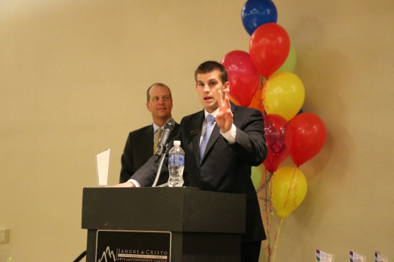 Matthew Roesemann accepted the Outstanding Blood Drive Partner Award on behalf of UCCS from Bonfils Blood Center President Bryan Krueger.