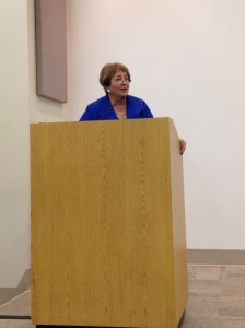 Chancellor Pam Shockley-Zalabak addresses faculty and staff at the first forum of the fall semester on Aug. 27.