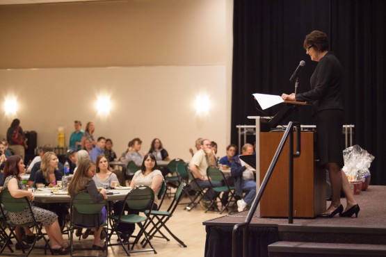 Susan Szpyrka, vice chancellor, Administration and Finance, offers remarks at the Sept. 4 Staff Breakfast.