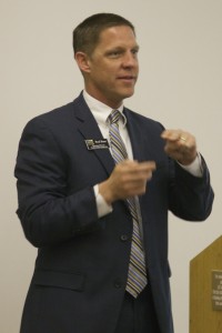 Brad Bayer, executive director, Student Life and Leadership, talks about the connection between student activities and academic success at a March 18 campus forum.
