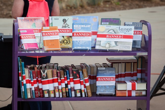 A collection of titles that were once the subject of ban efforts are displayed during Banned Book Week.