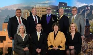 The University of Colorado Board of Regents are (back row, left to right) Glen Gallegos, Steve Bosley, Stephen Ludwig, Michael Carrigan and John Carson (front row, left to right) Linda Shoemaker, Chairman Kyle Hybl, Vice Chair Irene Griego and Sue Sharkey. (Photo by Casey A. Cass/University of Colorado)