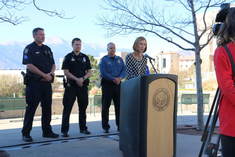 Maile Gray, executive director, Drive Smart Colorado, explains a grant that brought a simulated impaired driving vehicle to campus.