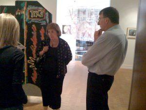 Chancellor Pam Shockley-Zalabak, Tom Christensen, dean, College of Letters, Arts and Sciences, and Caitlin Green, interim director, Gallery of Contemporary Art, discuss possibilities for new exhibit space.