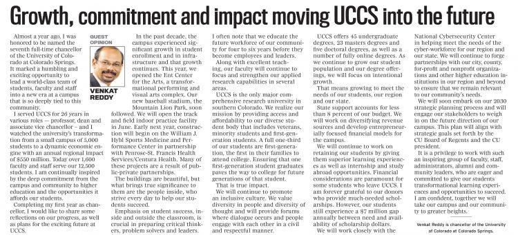 A screenshot from the April 29 op-ed by Chancellor Reddy in The Gazette