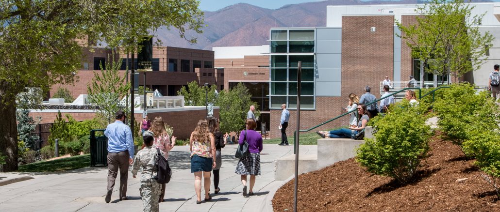 Pedestrian spine in front of Dwire Hall.
