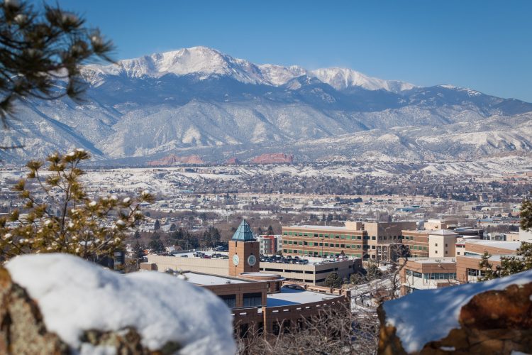 Campus and Pikes Peak in snow