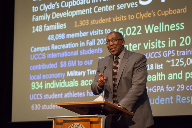 Sentwali Bakari, Vice Chancellor for Student Success, opened the Chancellor Town Hall, Feb. 5.