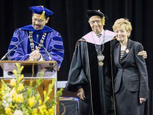 Chancellor Reddy, President Benson and First Lady Benson are recognized during commencement