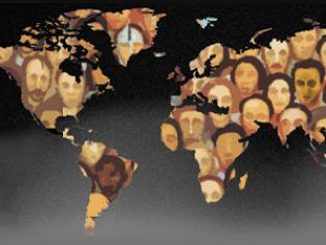 Faces within outlines of the continents