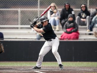 A UCCS baseball student-athlete in the batter's box waiting for the pitch.