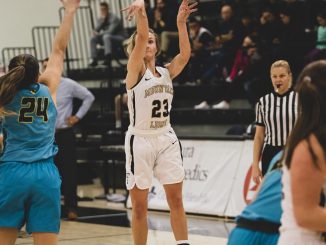 Abby Feickert shoots the ball against Fort Lewis College in the Gallogly Events Center.