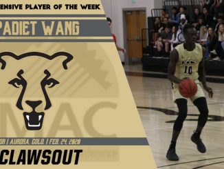 Padiet Wang dribbling the basketball ball with the RMAC Player of the Week graphics