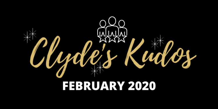 A black banner with gold script advertising the February 2020 edition of Clyde's Kudos.