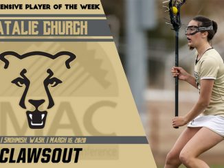RMAC Player of the Week graphic with an action picture of Natalie Church carrying the ball in her stick