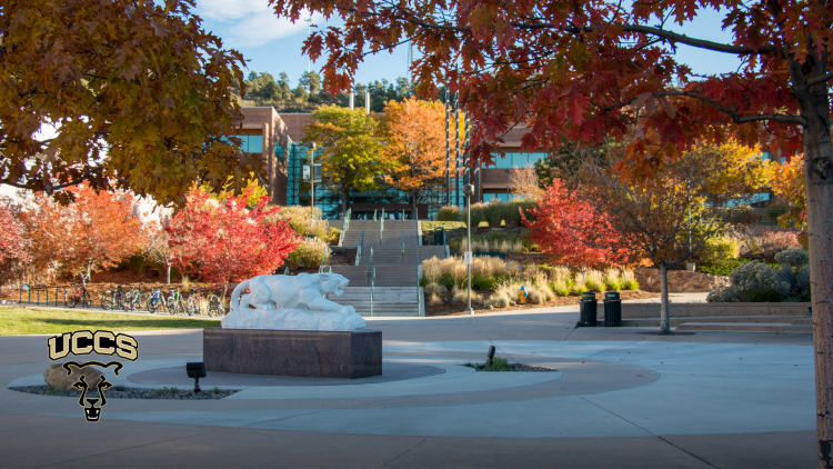The mountain lion statue surrounded by fall trees with the steps to the Engineering and Applied Science Building in the background