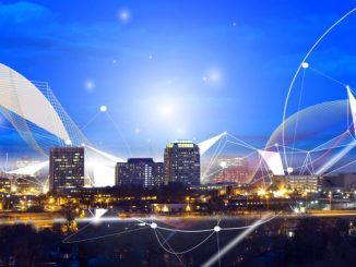 A photo and graphic illustration of the Colorado Springs skyline with graphics representing cybersecurity