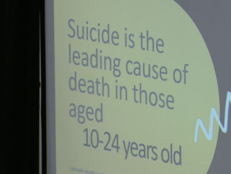 A projector graphic on suicide rates among young people, ages 10-24.