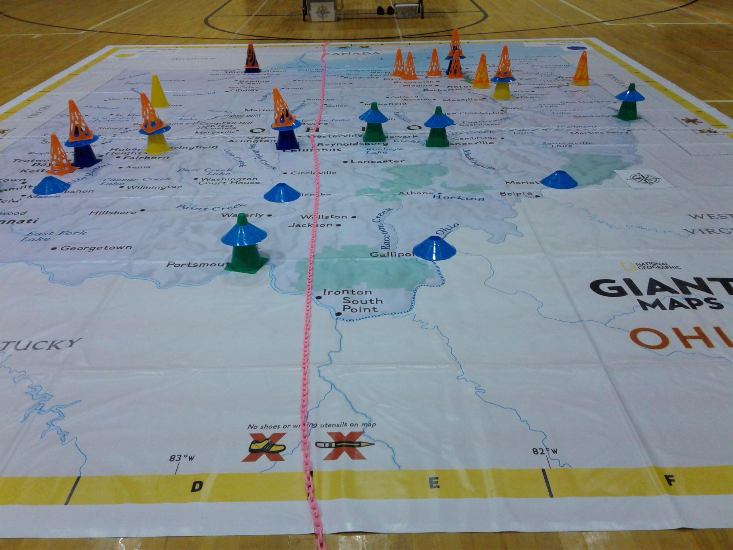 Cones used during a class with the Giant Map of Ohio.
