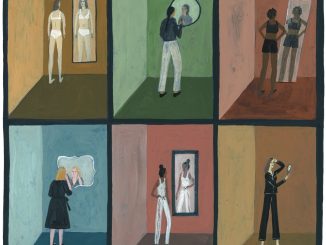 A painting of six women looking in a mirror