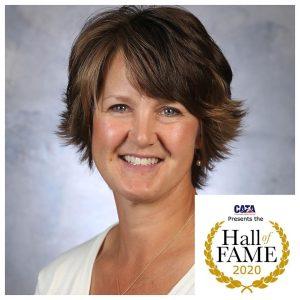 Headshot of Margie Hunt with the logo for the CATA Hall of Fame