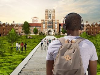 A student with a backpack looking at an old building