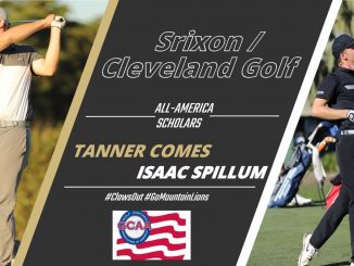 Action photos of Tanner Comes and Isaac Spillum with the golf coaches academic logo