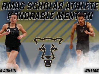 Action photos of Maia Austin and Will Ross with the RMAC logo in the background