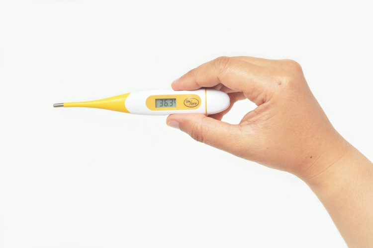 A hand holding a thermometer.