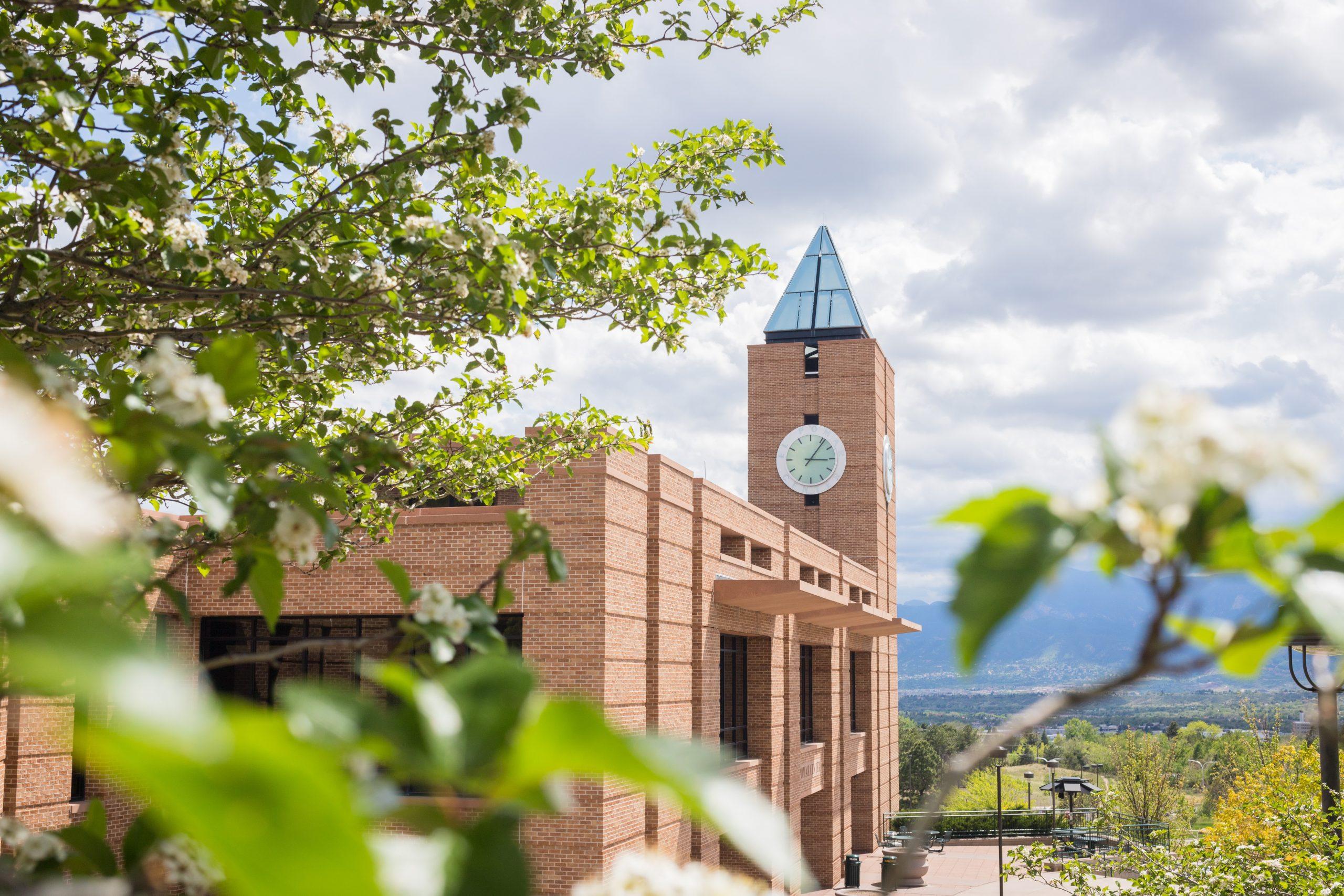 The El Pomar Center clock tower in the spring