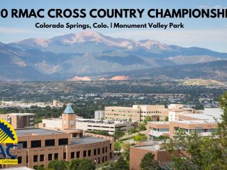 Campus photo with Pikes Peak in the background, with text for the RMAC cross country championships