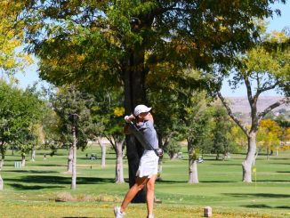 A women's golf hits the ball from a tee box