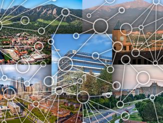 Pictures of each CU campus and the system administration building overlaid with a web of wires